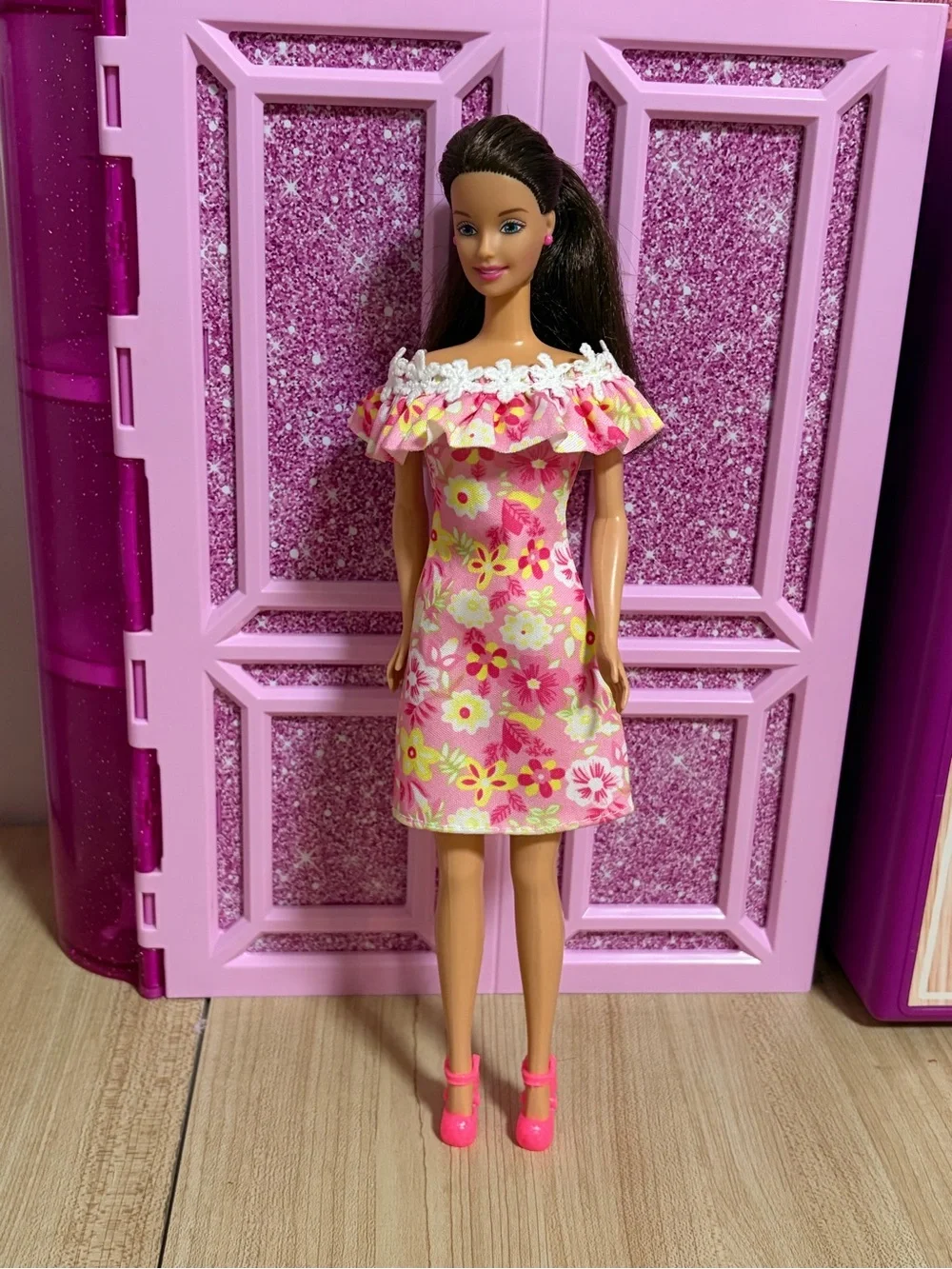 Barbie Pink Floral Off-Shoulder Dress with White Lace Trim